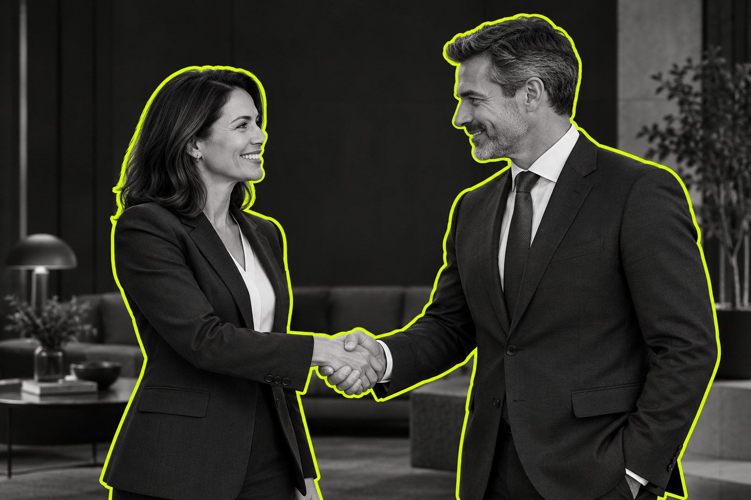 Illustrazione fotografica: due professionisti si stringono la mano, in bianco e nero con contorno lime